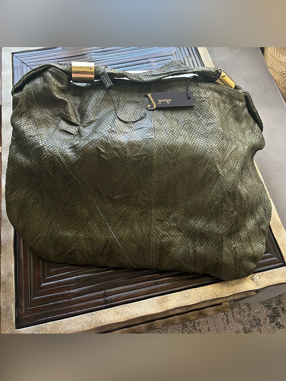 Jerigo Italian Olive Green Leather satchel with Gold-Tone Accents